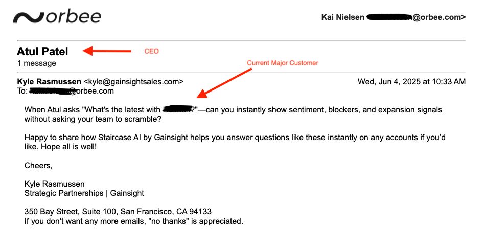 The actual Gainsight cold email that referenced the prospect's reporting structure