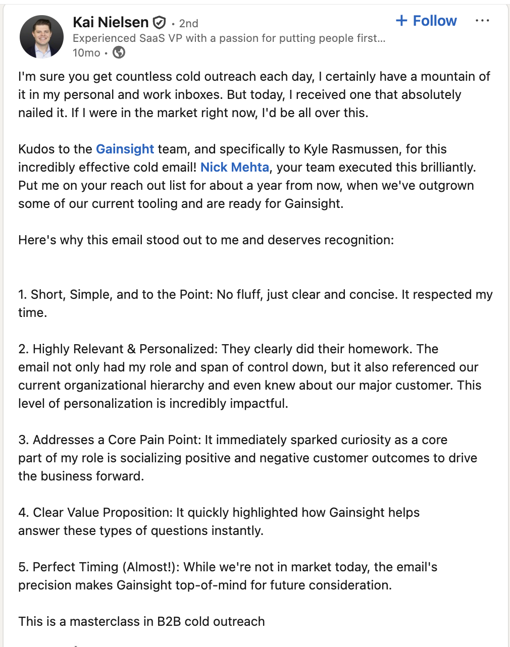 Kai Nielsen LinkedIn post praising the Gainsight cold email